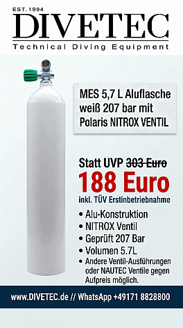 MES 5,7 L Aluflasche weiss 207 bar mit Polaris Mono NITROX Ventil