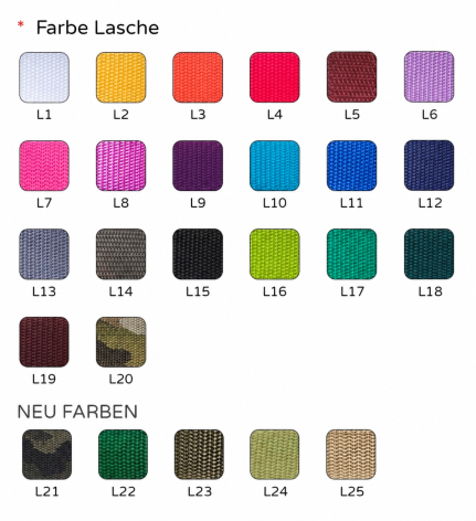 Trage in das Bemerkungsfeld der Bestellung die Farbe der Lasche mit z.B. L3 (wäre rot)